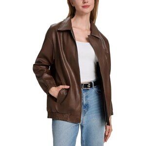 Women's Brown Faux Leather Zip-Up Jacket with Elastic Cuffs and Hem